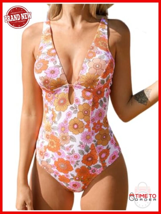 Other - One Piece Swimsuit Deep V Neck Keyhole Cutout O Ring Textured Bathing Suit